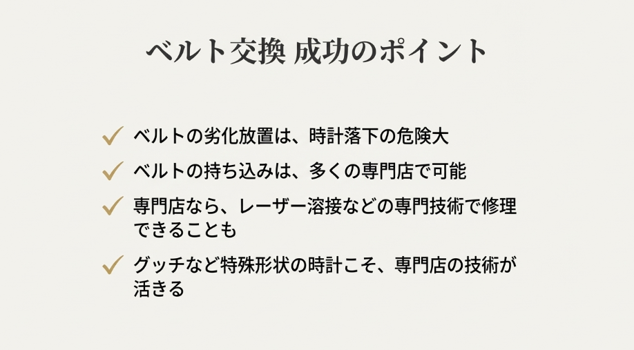 ベルト交換成功のためのチェックリスト。劣化放置の危険性、持ち込み交換の活用、専門店の高度な修理技術（レーザー溶接など）の利用を推奨。