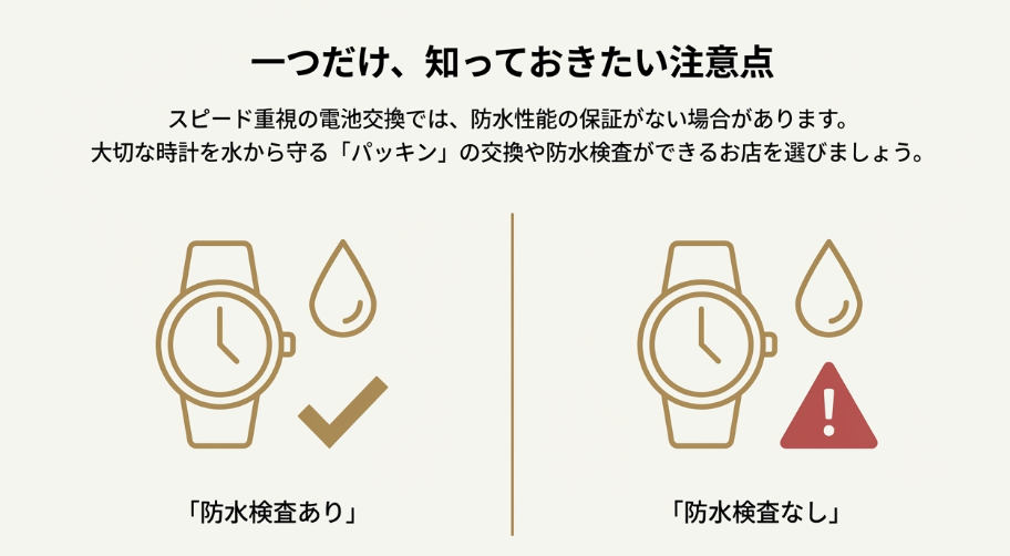 「一つだけ、知っておきたい注意点」として、パッキンの劣化による浸水リスクを図解。スピード重視の店では防水検査がない場合があることを警告するスライド。