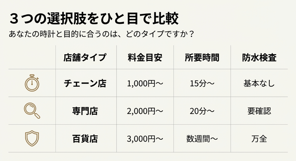 チェーン店、専門店、百貨店の3タイプについて、料金目安、所要時間、防水検査の有無を比較した一覧表。