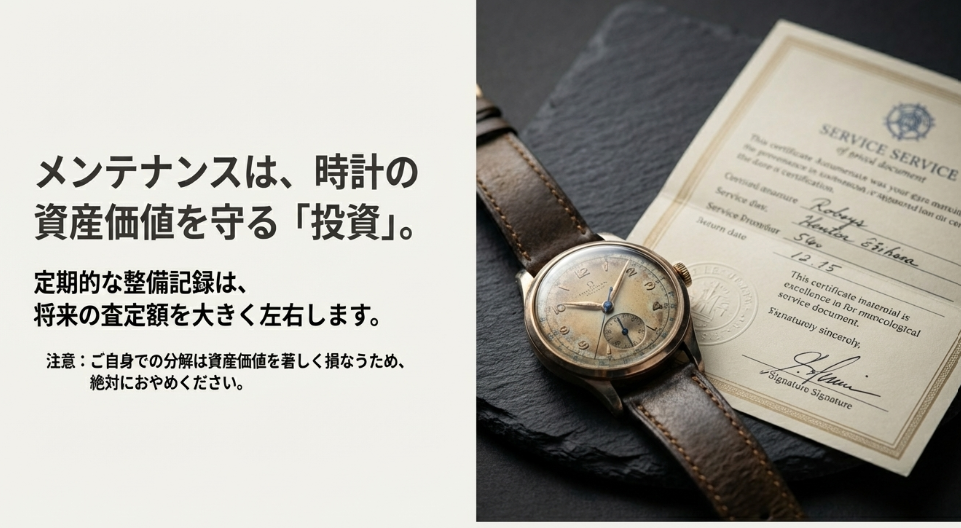 修理証明書のイメージ。「メンテナンスは資産価値を守る投資」であることと、自己分解の禁止を訴えるスライド。