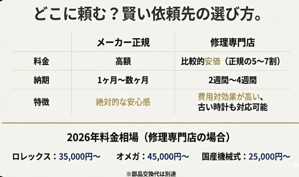 メーカー正規と修理専門店の料金・納期・特徴の比較表。およびロレックス、オメガ等の修理専門店における2026年の料金相場目安。