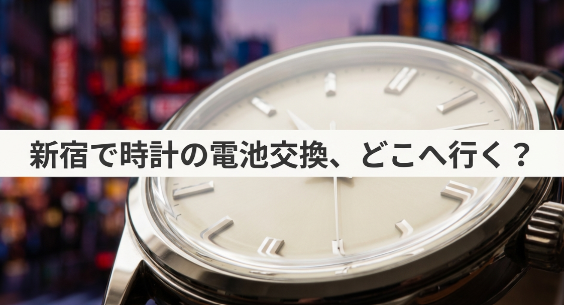 新宿の高層ビル群を背景に、「新宿で時計の電池交換、どこへ行く？」と問いかけるタイトルのスライド。