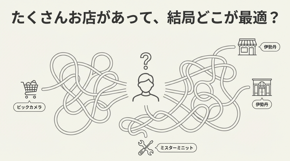家電量販店、駅ナカ、百貨店など、新宿にある多数の時計修理店の選択肢と、どこを選ぶべきか迷うユーザーの悩みを表現したスライド。