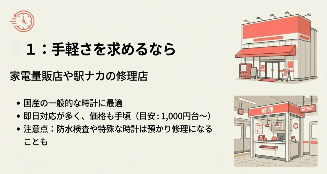 「道1：手軽さを求めるなら」として、家電量販店や駅ナカ修理店のメリット（即日、価格）と注意点（防水検査なし等）をまとめたスライド。
