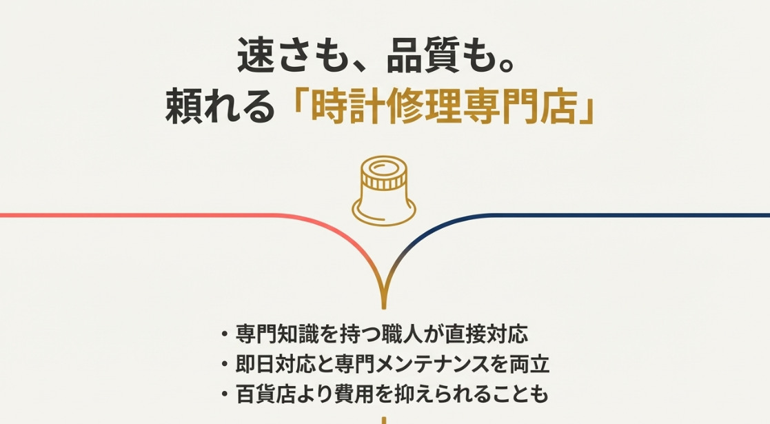 「速さも、品質も。」として、専門知識を持つ職人が即日対応する時計修理専門店（リペアショップ）のメリットを紹介するスライド。