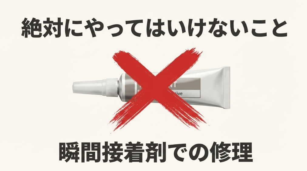 「絶対にやってはいけないこと」として、瞬間接着剤での修理を禁止する警告スライド。