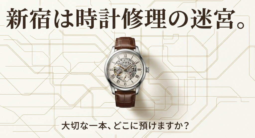 「新宿は時計修理の迷宮。大切な一本、どこに預けますか？」というキャッチコピーで、店選びの悩みに寄り添う導入スライド。