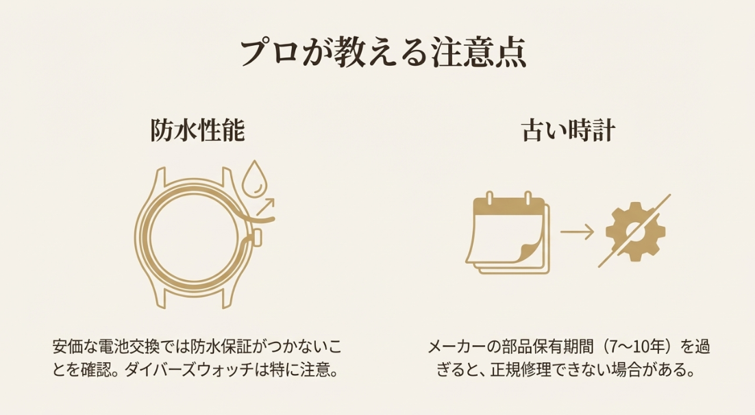 安価な電池交換での防水リスクと、メーカーの部品保有期間（7〜10年）を過ぎた時計の修理難易度について解説したスライド。
