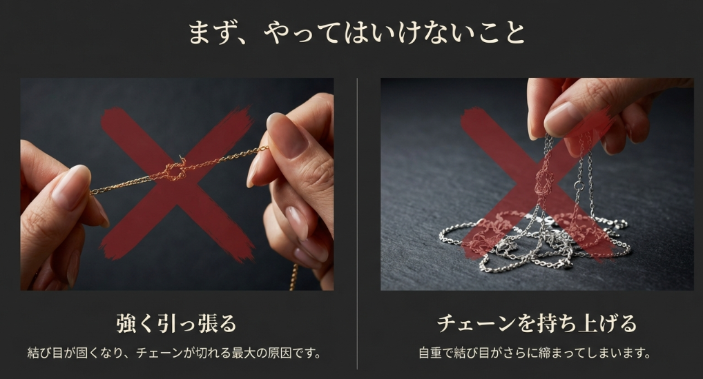 「まず、やってはいけないこと」として、チェーンを強く引っ張ることや持ち上げることが、結び目を固くする原因になると警告するスライド。
