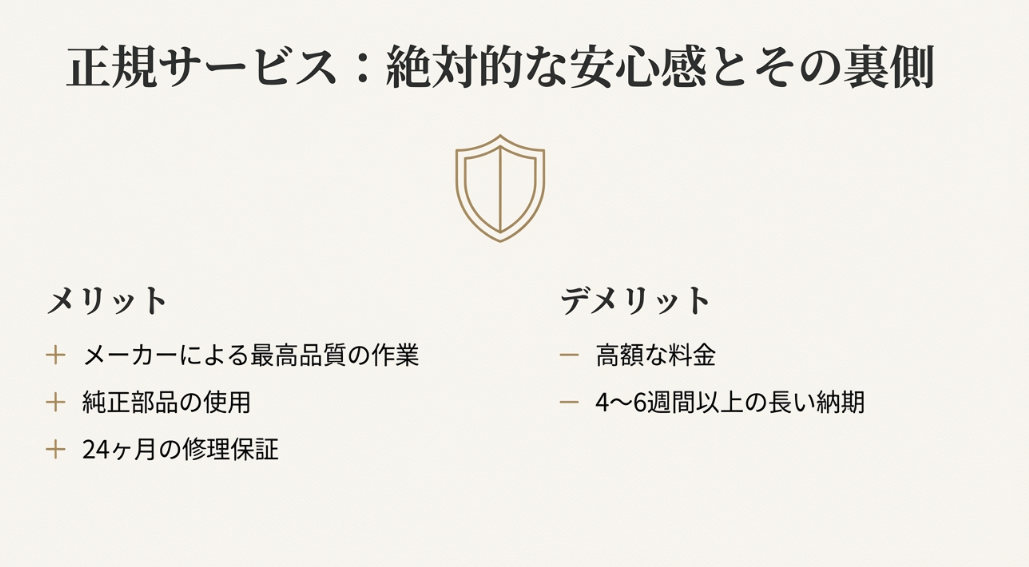 正規サービスの「絶対的な安心感」「純正部品」というメリットと、「高額な料金」「長い納期」というデメリットを対比させたスライド。