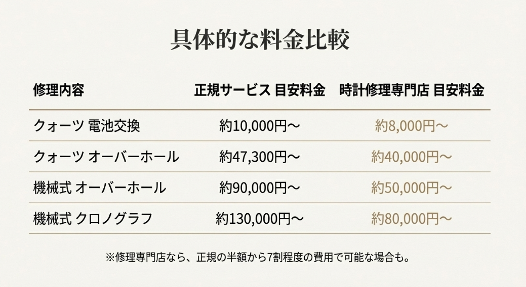 時計修理専門店の「手頃な料金」「短い納期」というメリットと、「技術レベルの差」「部品入手の制約」というデメリットを対比させたスライド。