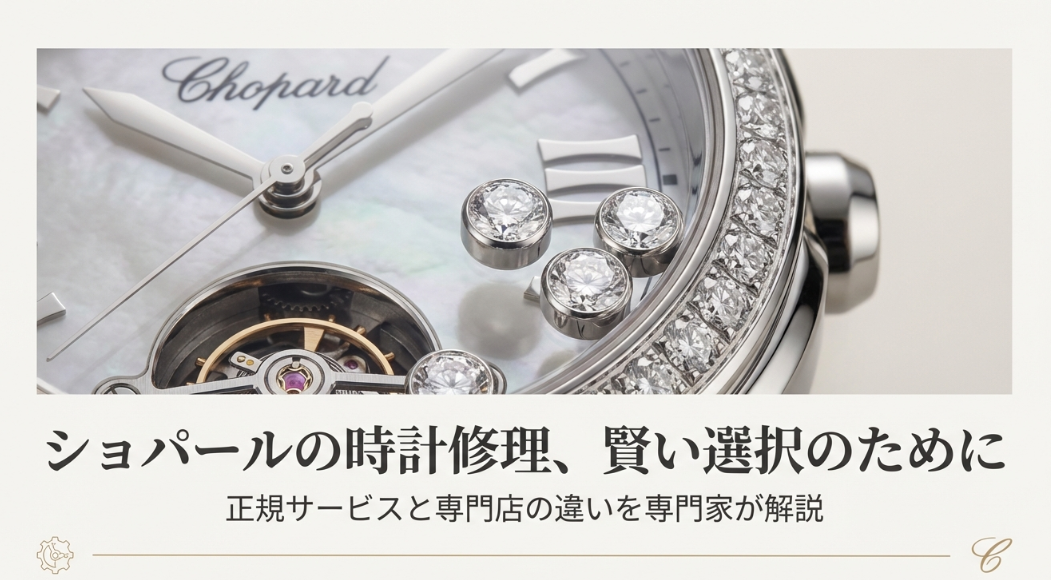 ショパールの時計修理における正規サービスと専門店の違いを解説するガイドの表紙スライド。