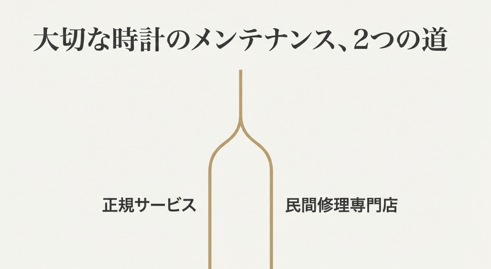 時計のメンテナンスにおける「正規サービス」と「民間修理専門店」という2つの選択肢を提示するスライド。
