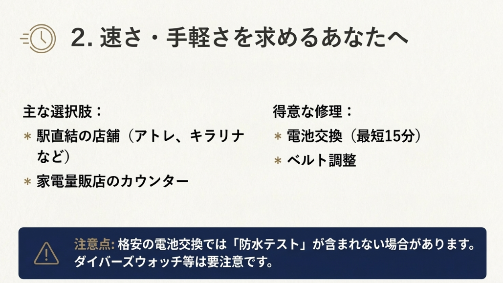 駅直結店舗や家電量販店カウンターなど、最短15分で電池交換が可能な店舗の特徴。格安電池交換には防水テストが含まれない場合があるという注意点。