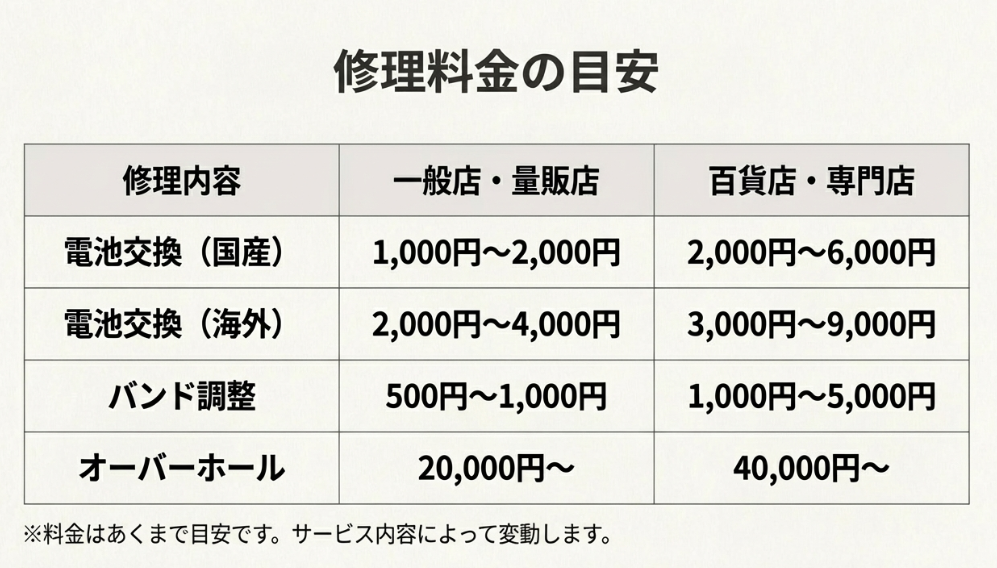 電池交換、ベルト調整、オーバーホールの料金目安を、「一般店・量販店」と「百貨店・専門店」で比較した一覧表スライド。