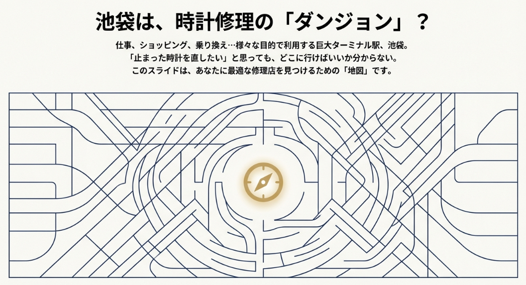 複雑な池袋駅周辺をイメージした背景に、「池袋は時計修理のダンジョン？最適な修理店を見つけるための地図」というキャッチコピーのスライド。