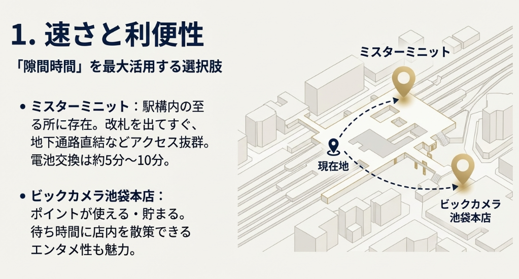 「速さと利便性」を重視する人向けに、駅構内のミスターミニットとビックカメラ池袋本店の特徴を紹介したスライド。