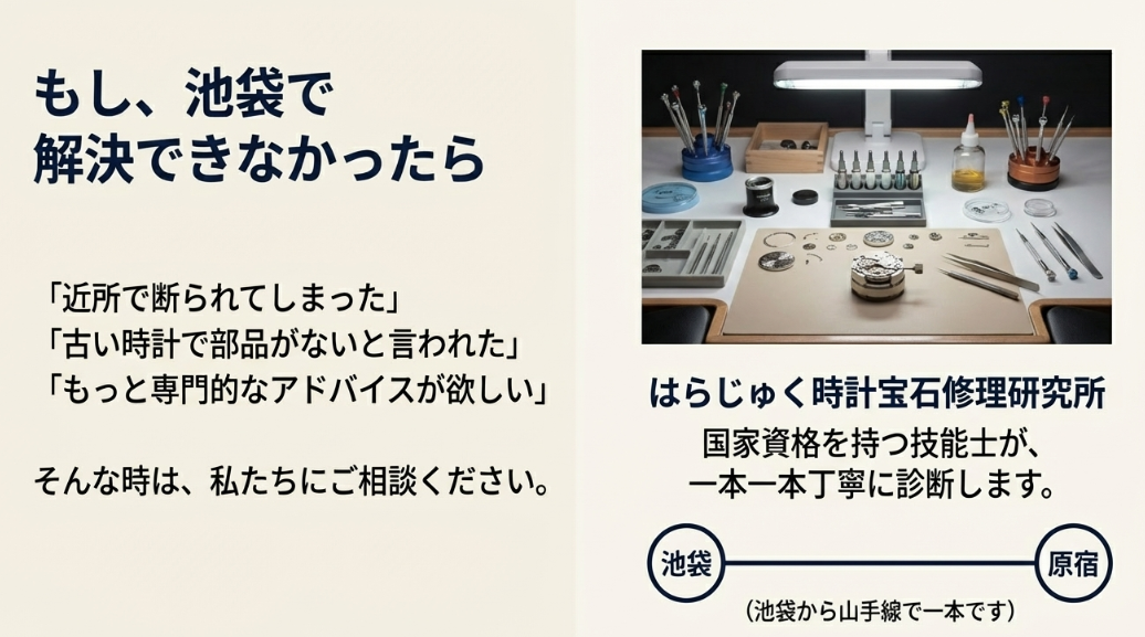 「もし、池袋で解決できなかったら」として、原宿にある「はらじゅく時計宝石修理研究所」の職人と作業風景を紹介したスライド。