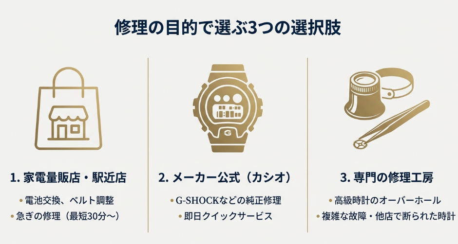 修理の目的として「1. 家電量販店・駅近店（電池交換・ベルト調整）」「2. メーカー公式（カシオ製品など）」「3. 専門の修理工房（オーバーホールや高級時計）」の3パターンをアイコンと共に解説したスライド。