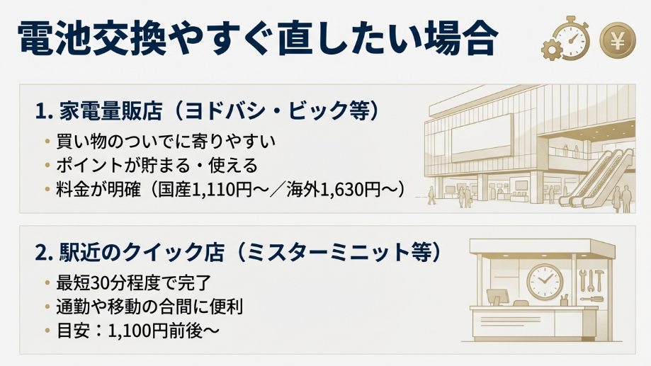 ヨドバシ・ビック等の家電量販店（ポイント利用可、料金明確）と、ミスターミニット等の駅近店（最短30分）の特徴と料金目安を比較したイラスト入りスライド。