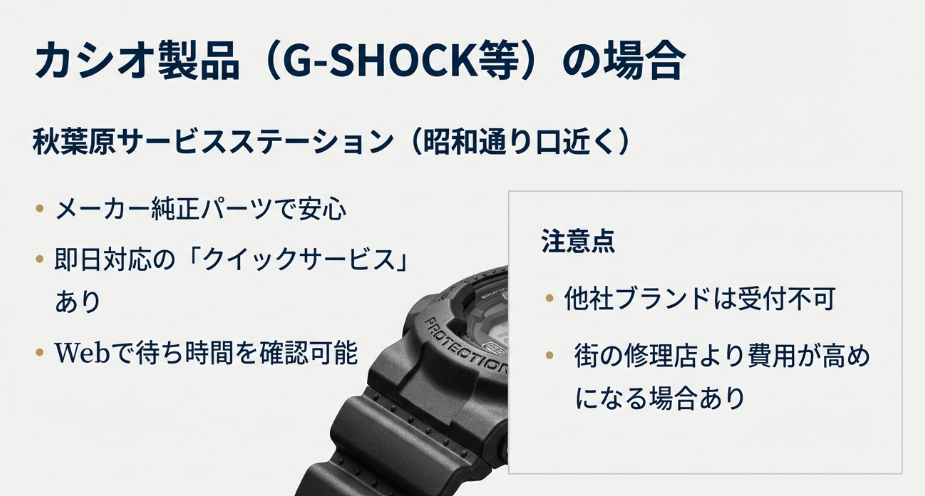 秋葉原サービスステーションの紹介。メーカー純正パーツ、即日クイックサービス、Webでの待ち時間確認などのメリットと、他社ブランド不可等の注意点をまとめたスライド。