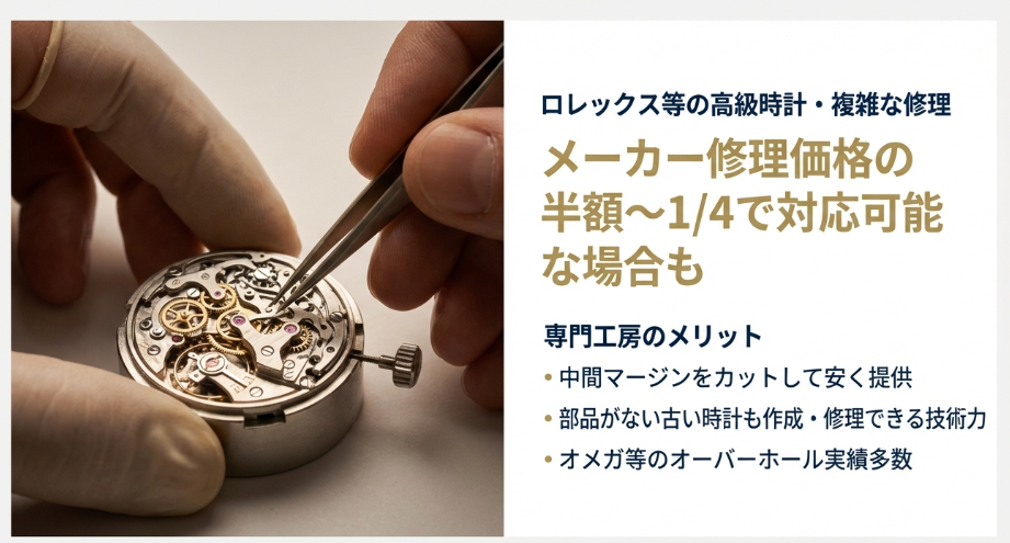 時計の内部パーツをピンセットで扱う職人の写真と共に、メーカー修理価格の半額〜1/4で対応可能な点や、部品のない古い時計の修理技術を解説したスライド。