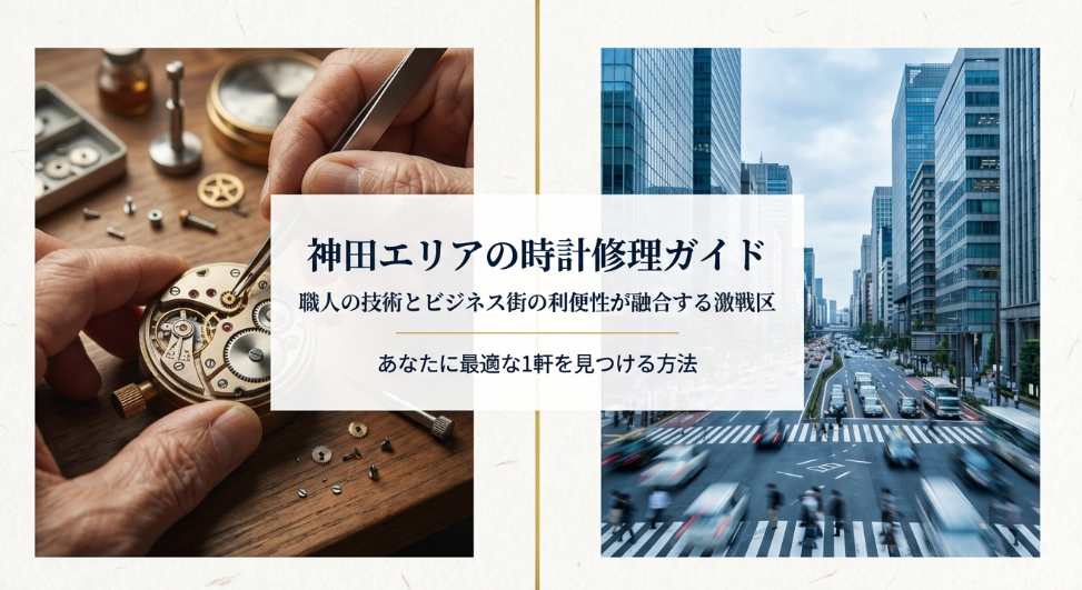 神田エリアの時計修理ガイド。職人の技術とビジネス街の利便性が融合する激戦区で、最適な1軒を見つける方法を紹介するスライドの表紙。