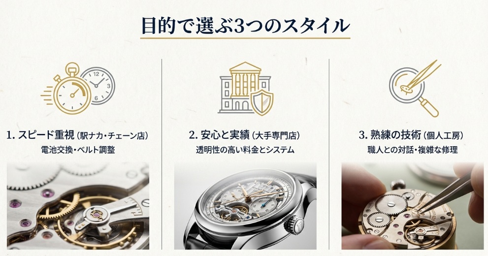 時計修理のスタイルを、スピード重視（駅ナカ）、安心と実績（大手専門店）、熟練の技術（個人工房）の3つに分類して説明する図解スライド。