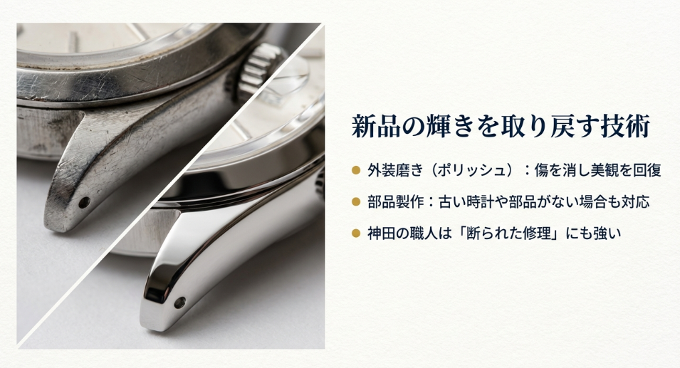 外装磨き（ポリッシュ）による傷の修復や、古い時計の部品製作など、神田の職人の高い技術力を紹介するスライド。