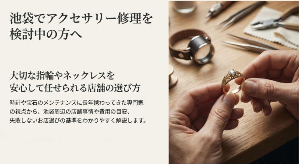 ジュエリーの指輪を手に取りルーペで状態を確認する職人の手元