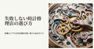 複雑な機械式時計の内部機構のアップ写真とともに、「失敗しない時計修理店の選び方：目黒エリアで大切な時計を長く使うためのガイド」と記載されたスライド。