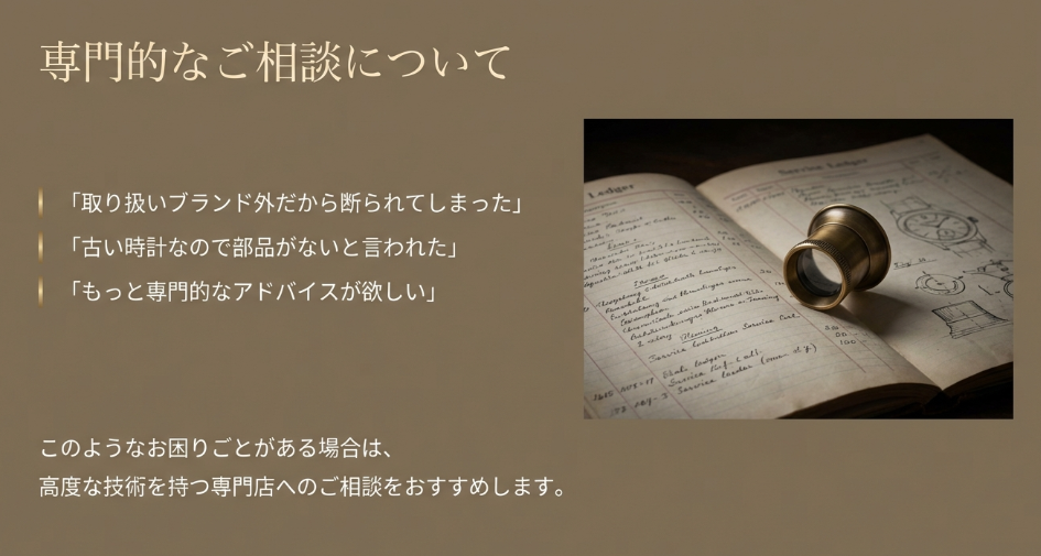 ルーペと修理台帳を背景に、「取り扱いブランド外」や「古い時計で部品がない」といったお困りごとに対して、高度な技術を持つ専門店への相談を勧めるスライド 。
