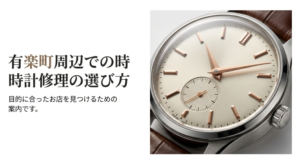 シンプルで美しい文字盤の腕時計と「有楽町周辺での時計修理の選び方」のタイトル画像