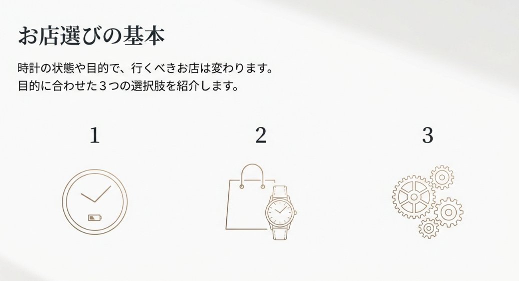 時計の電池交換、買い物バッグ、歯車の3つのアイコンとお店選びの基本を示すスライド