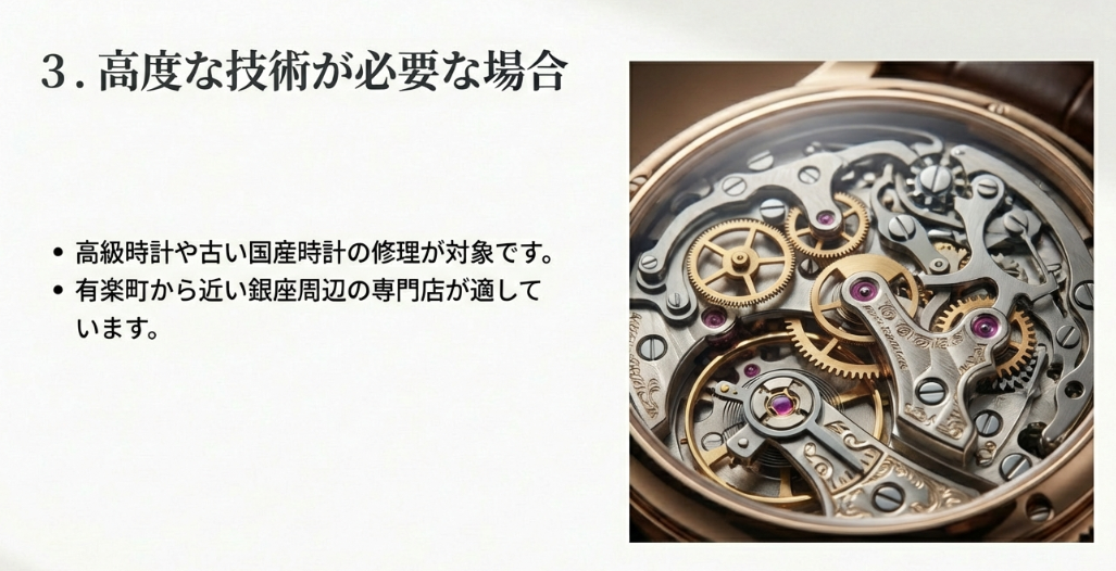 複雑な機械式時計のムーブメント画像と「3.高度な技術が必要な場合」の解説