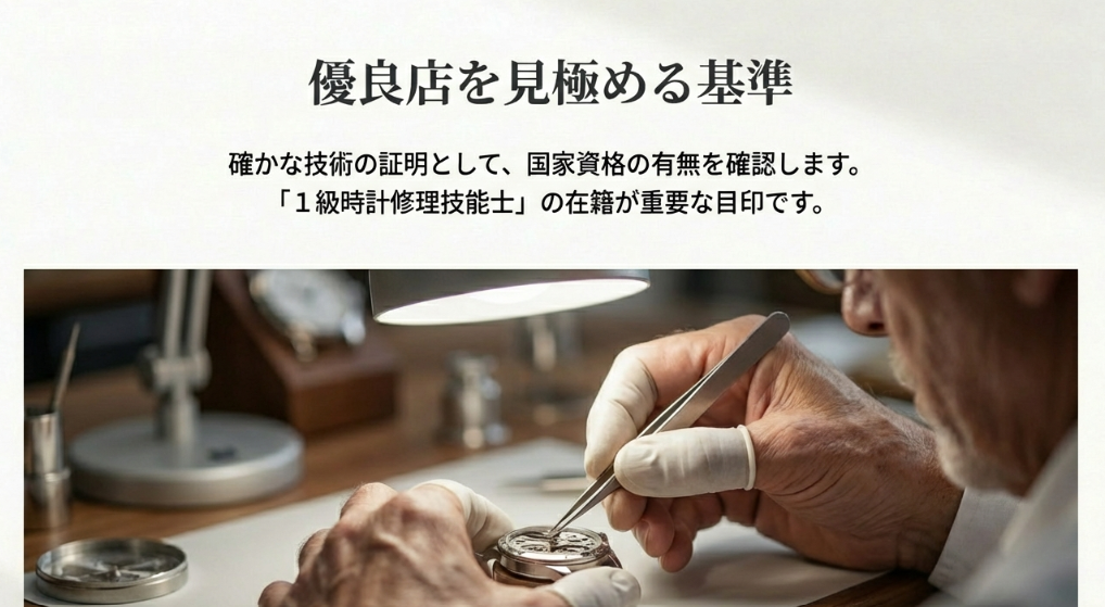 ルーペを着けて繊細な時計修理を行う熟練職人の画像と優良店の基準（1級時計修理技能士）についての解説