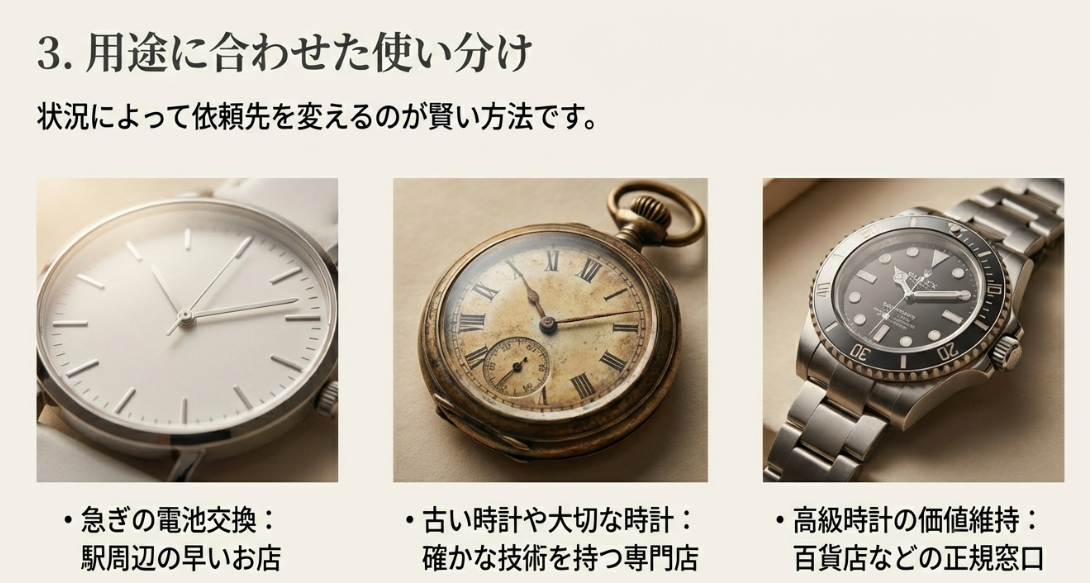 急ぎの電池交換、古い時計、高級時計の価値維持など、状況に合わせて修理の依頼先を変える方法を解説したスライド画像