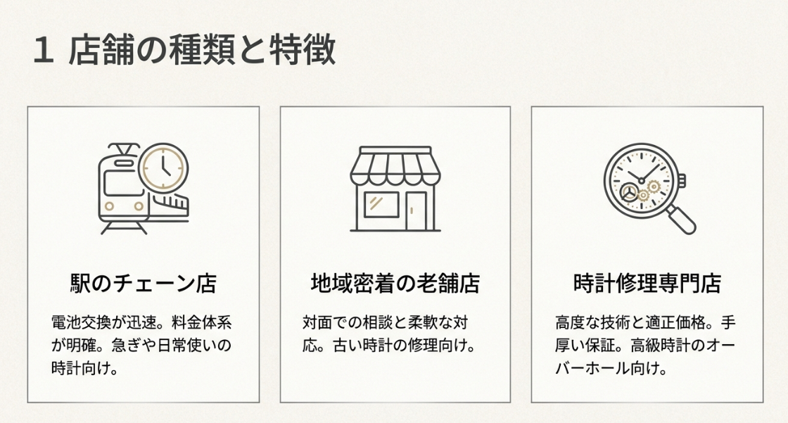 電車、店舗、時計と虫眼鏡のアイコンで表した時計修理店の種類（駅チカ、地域密着、専門店）