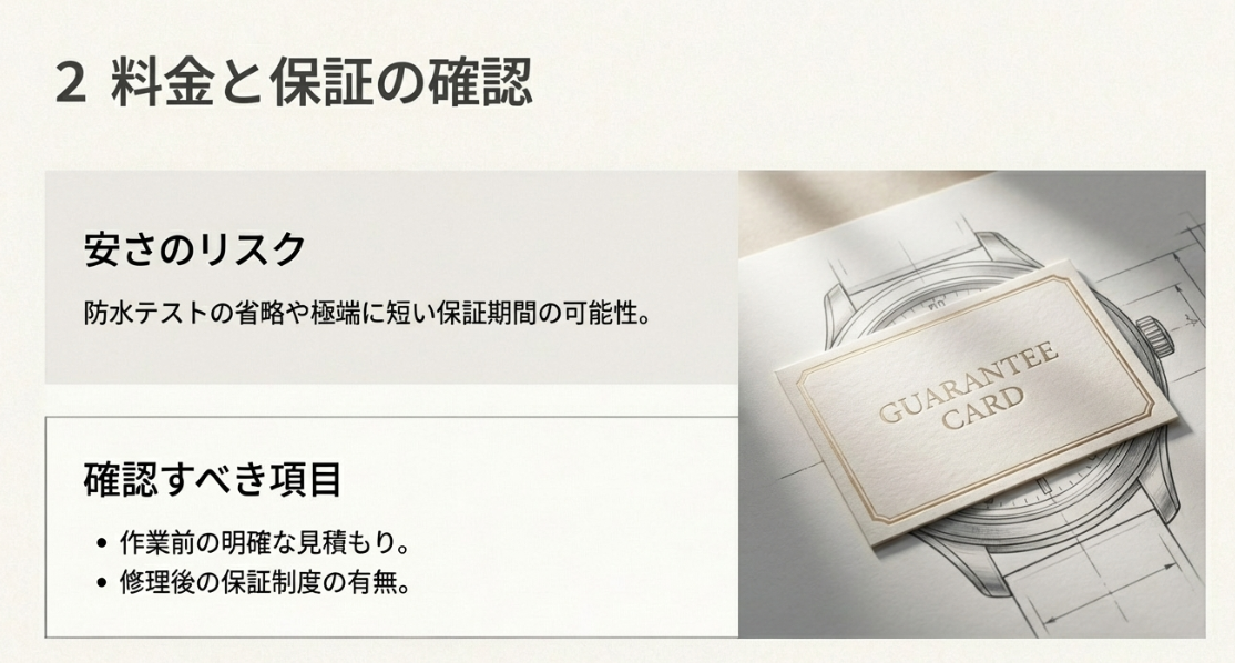 時計の設計図の上に置かれたギャランティーカード（保証書）のイメージ