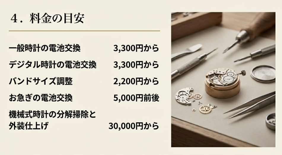 分解された機械式時計のパーツと工具の画像、および電池交換や分解掃除の料金目安をまとめたスライド