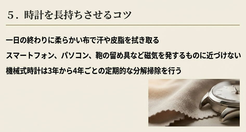 時計と柔らかいクロス（布）の画像、および時計を長持ちさせるための日常的な手入れや注意点をまとめたスライド