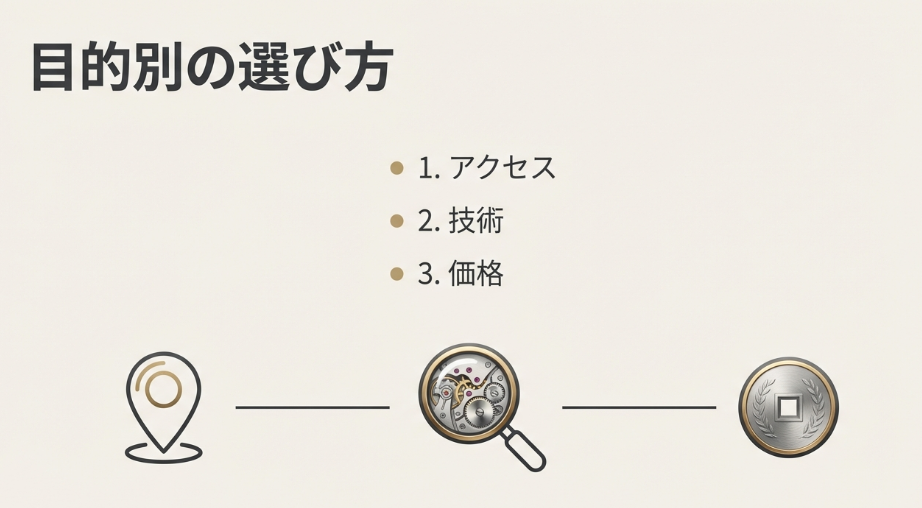 時計修理店を選ぶ基準として、「1. アクセス」「2. 技術」「3. 価格」の3つのポイントを挙げたスライド