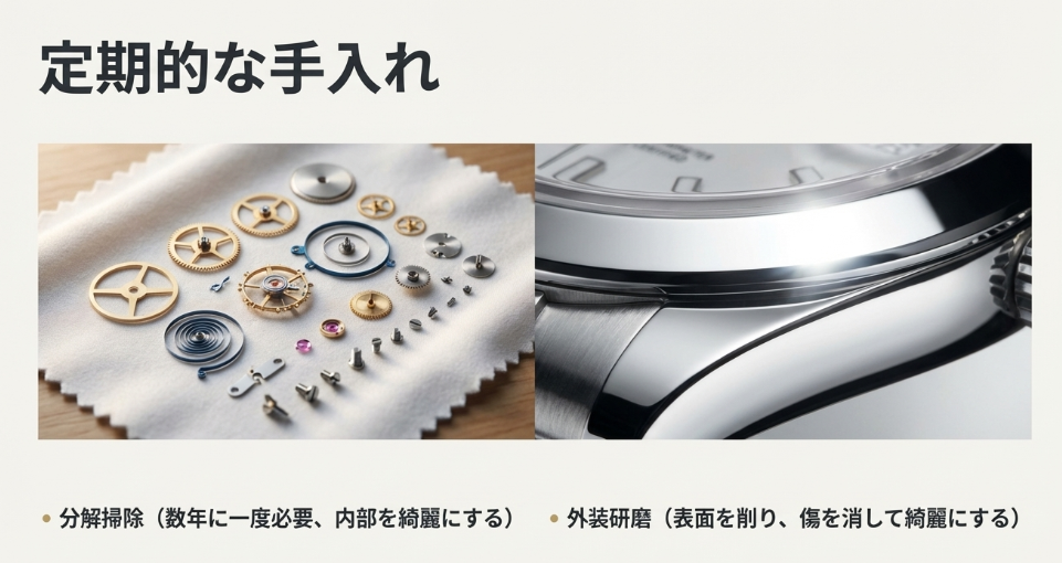 分解された時計の精密部品と美しく磨かれた時計ケースの写真に、定期的な手入れとして「分解掃除」「外装研磨」について記載されたスライド
