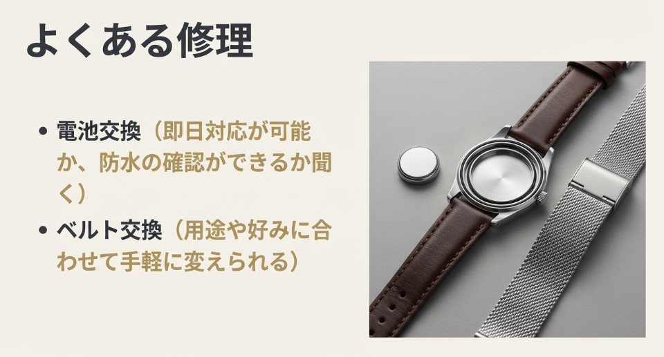外された裏蓋とボタン電池、革と金属の交換用ベルトの写真に、よくある修理として「電池交換」「ベルト交換」のポイントが書かれたスライド