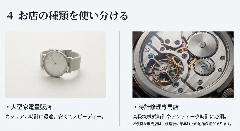 カジュアル時計に最適な家電量販店と、高級時計に必須な修理専門店の違いを解説したスライド画像