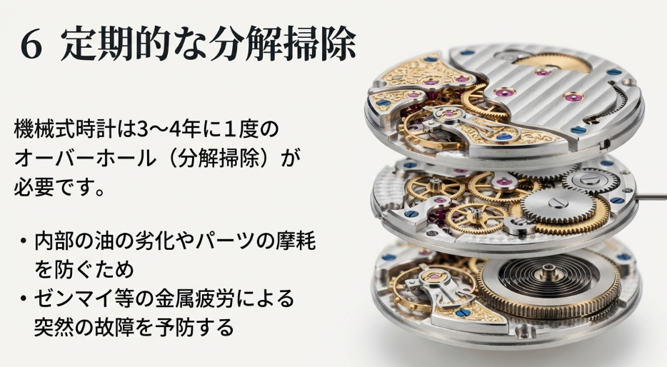 内部の油劣化やパーツ摩耗を防ぐため3〜4年に1度の分解掃除が必要であることを説明するスライド画像