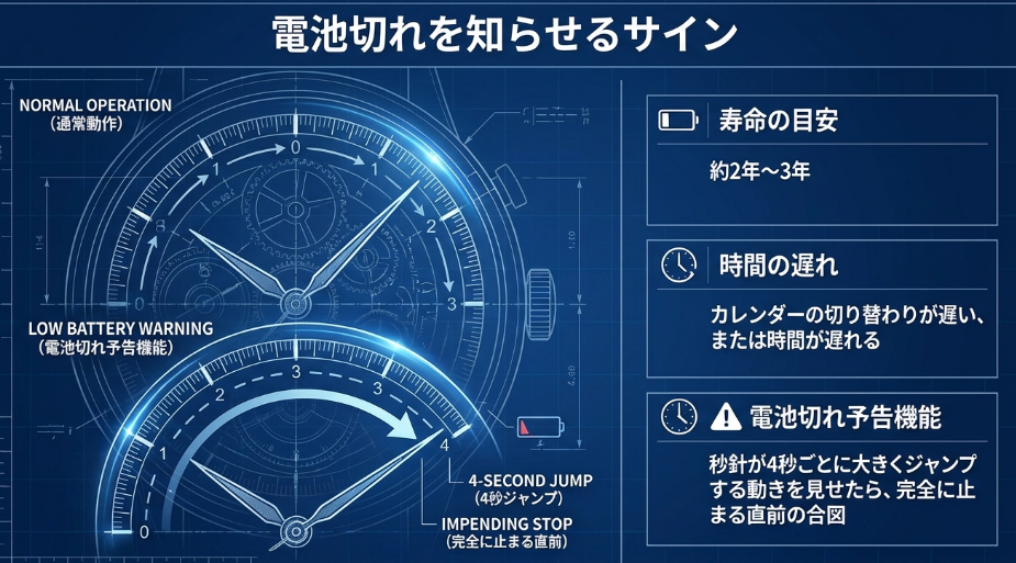 秒針が4秒ごとにジャンプする電池切れ予告機能（Low Battery Warning）を説明する図解。
