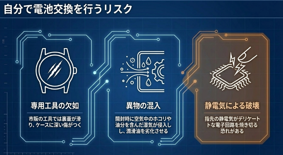 専用工具の欠如、異物混入、静電気による回路破壊など、自分での電池交換に伴うリスクのまとめ。