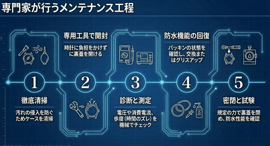 専用工具での開封、防水確認、診断、清掃、防水試験といったプロの電池交換ステップ。