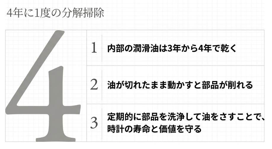 内部潤滑油の乾燥や部品の摩耗を防ぎ、寿命と価値を守るために4年に1度のオーバーホールが必要な理由を解説するスライド。